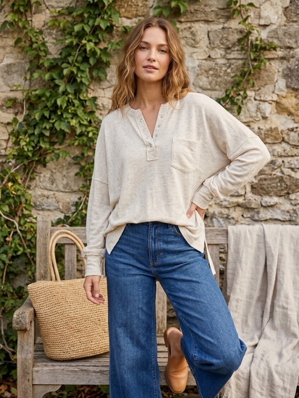Relaxed Cream Long-Sleeve Henley Top